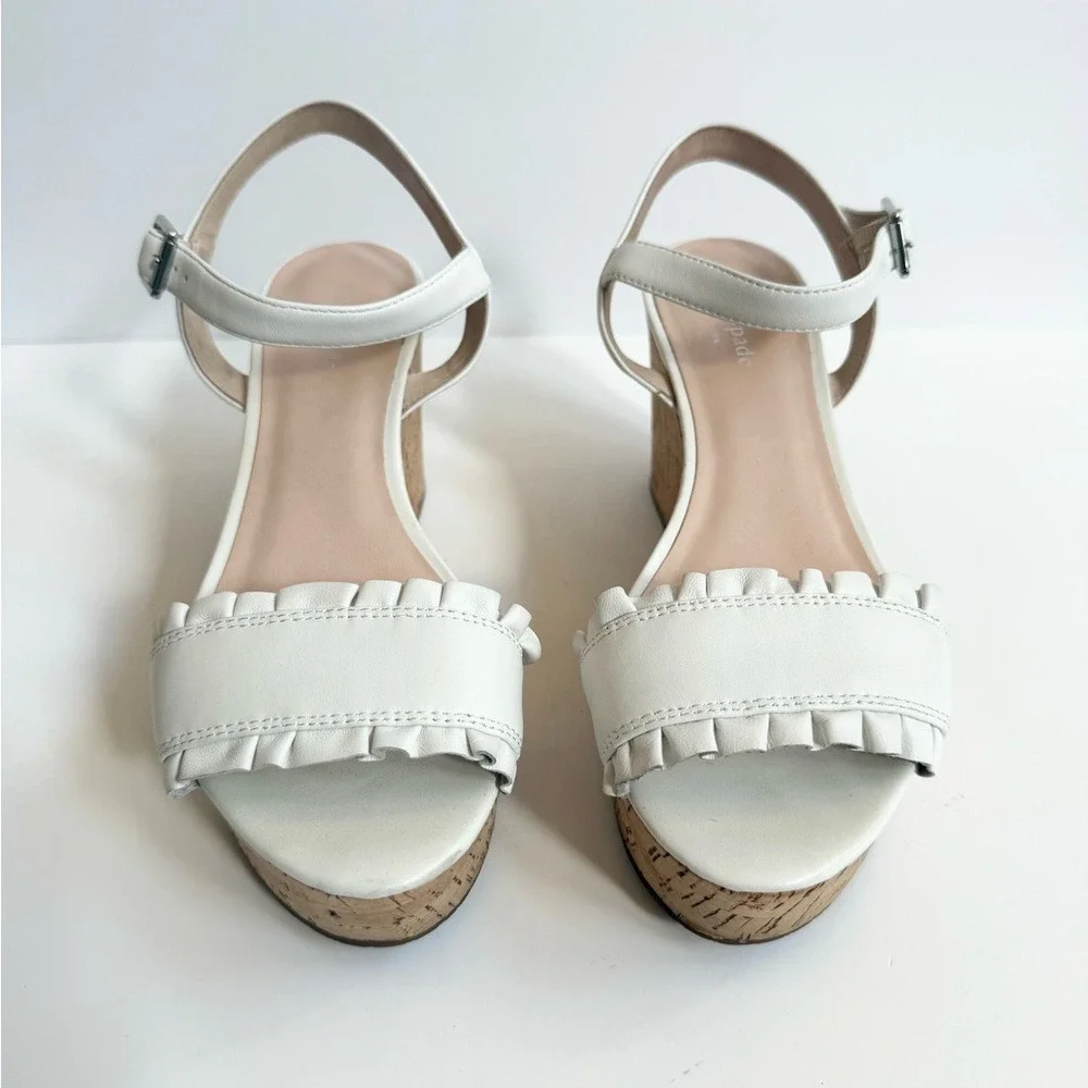 Kate Spade‎ Womens Shoes White Cork Tomas Wedge Heels  Size 9.5M  Ruffled Edge